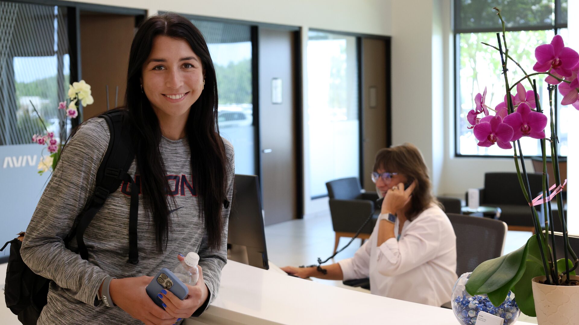 Caroline Ducharme in Aviv Clinics lobby