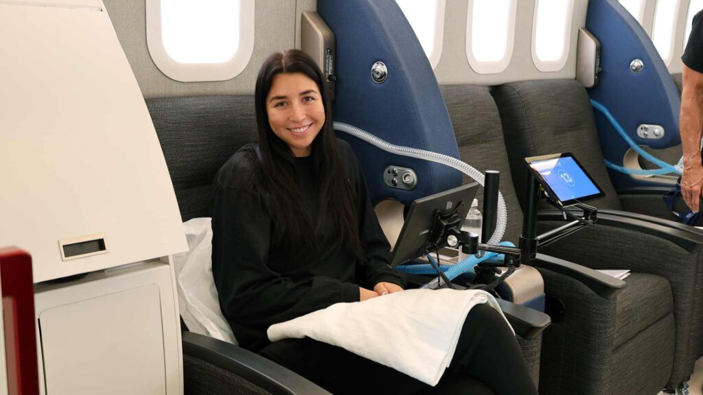 Caroline Ducharme in hyperbaric oxygen suite at Aviv Clinics